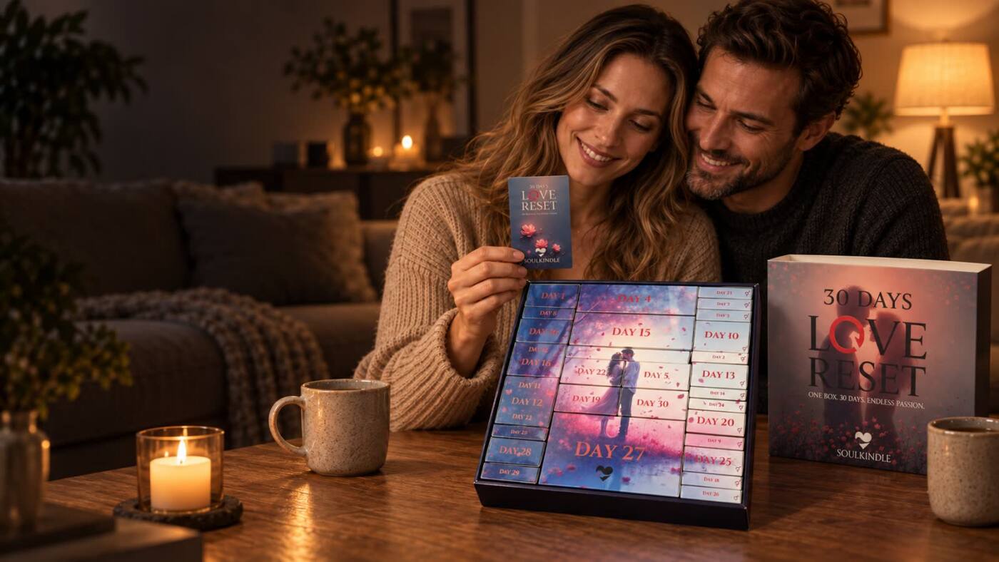 Paar entdeckt gemeinsam die SoulKindle Erlebnisbox bei Kerzenlicht