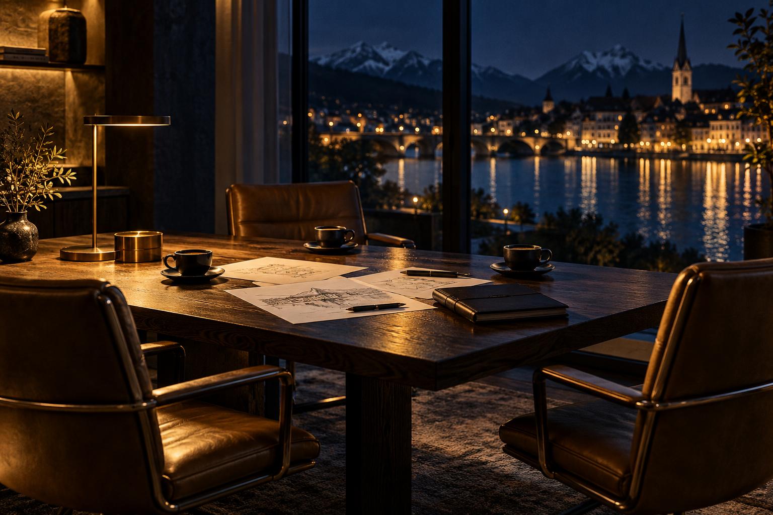 Drei leere Ledersessel an einem dunklen Eichentisch, im Fenster die Lichter einer Schweizer Kleinstadt am Fluss